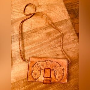 Beautiful Handmade Vintage Brown Leather Purse w/ Floral Design & Braided Strap